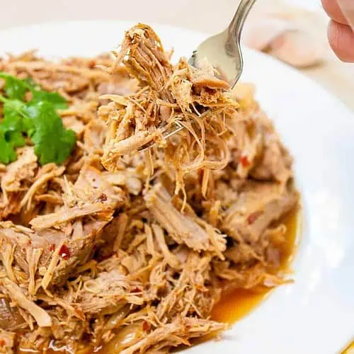 A close up of Carolina Style Slow Cooker Pulled Pork on a fork