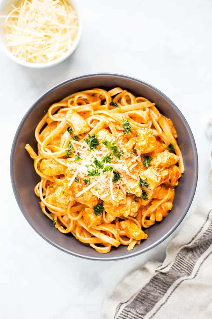 Rosé Pasta served in a bowl with garnishes