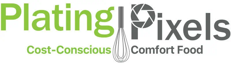 Plating Pixels logo featuring a whisk and camera shutter for comfort food branding.